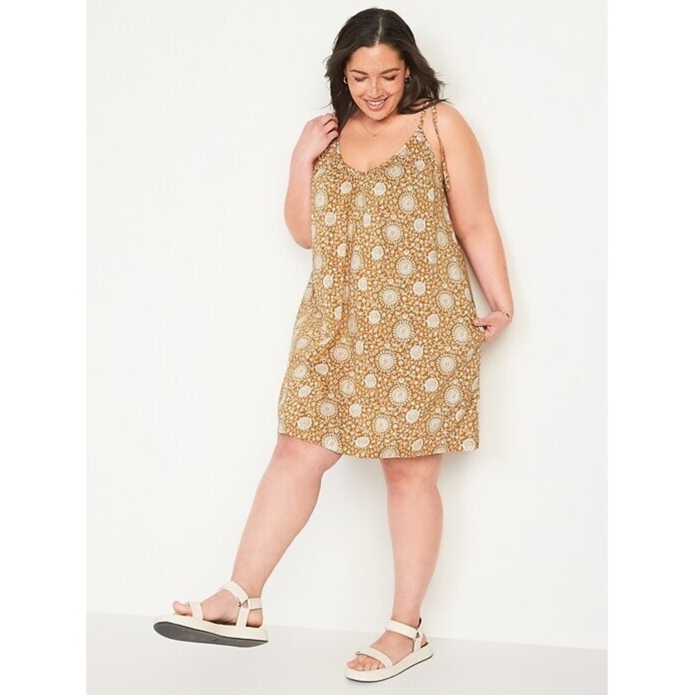 Old Navy Swing Dress 4X‎ Brown Mini Tie-Shoulder Pockets Ditsy Floral - Picture 4 of 4